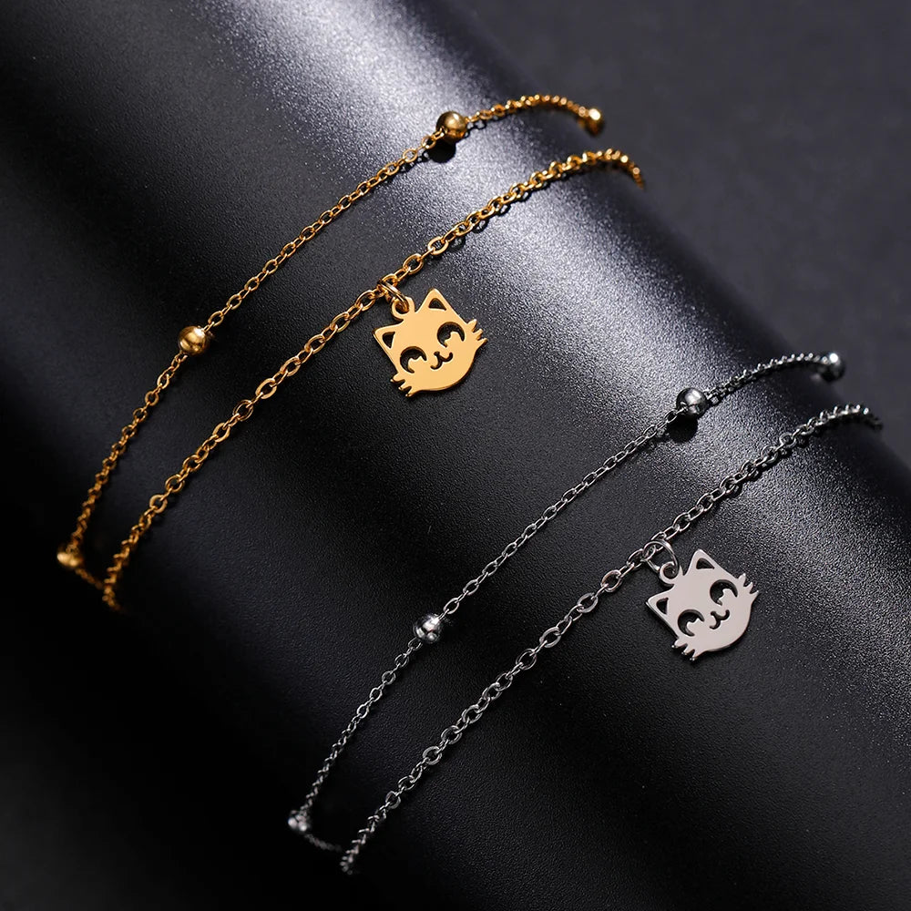 Cute Cat Kitten Head Bracelet for Women Stainless Steel Animal Double Chain Bracelet on Hand Jewelry - PeticaDeals
