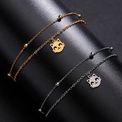 Cute Cat Kitten Head Bracelet for Women Stainless Steel Animal Double Chain Bracelet on Hand Jewelry - PeticaDeals