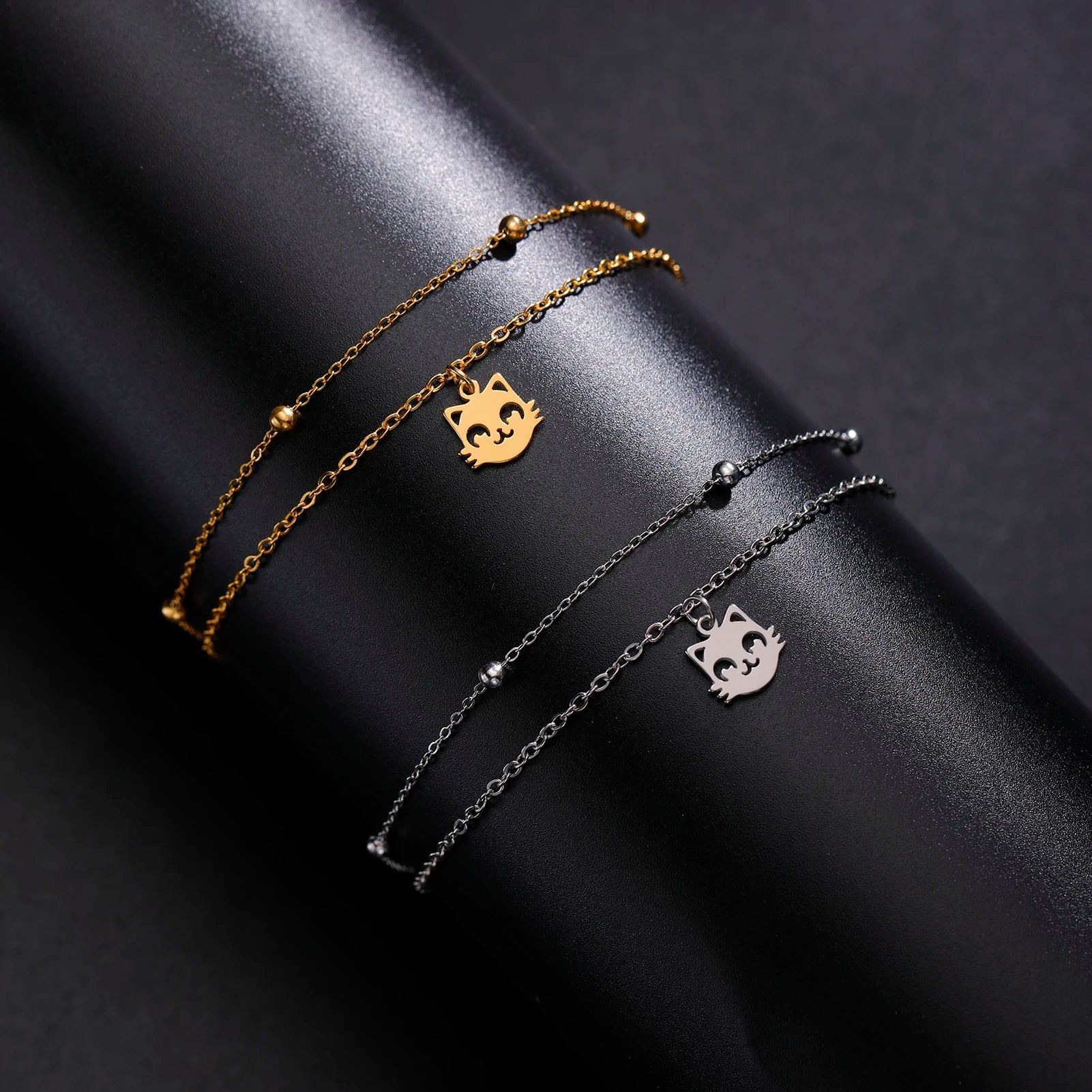 Cute Cat Kitten Head Bracelet for Women Stainless Steel Animal Double Chain Bracelet on Hand Jewelry - PeticaDeals
