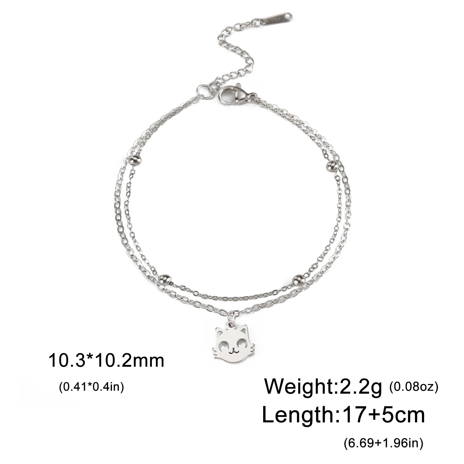 Cute Cat Kitten Head Bracelet for Women Stainless Steel Animal Double Chain Bracelet on Hand Jewelry - PeticaDeals