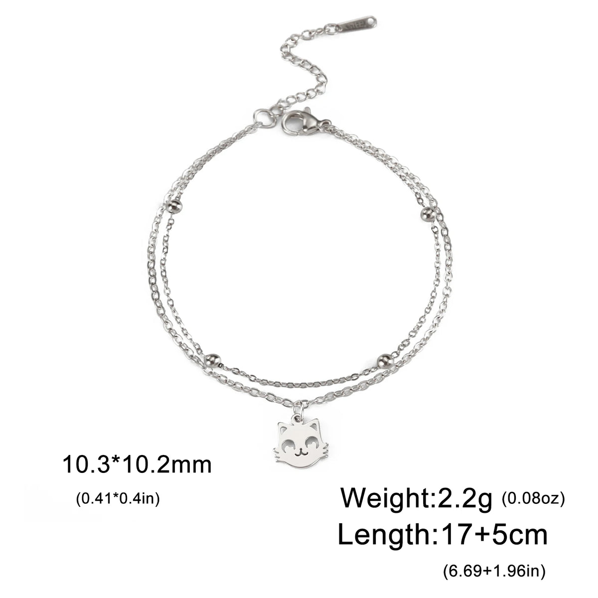 Cute Cat Kitten Head Bracelet for Women Stainless Steel Animal Double Chain Bracelet on Hand Jewelry - PeticaDeals
