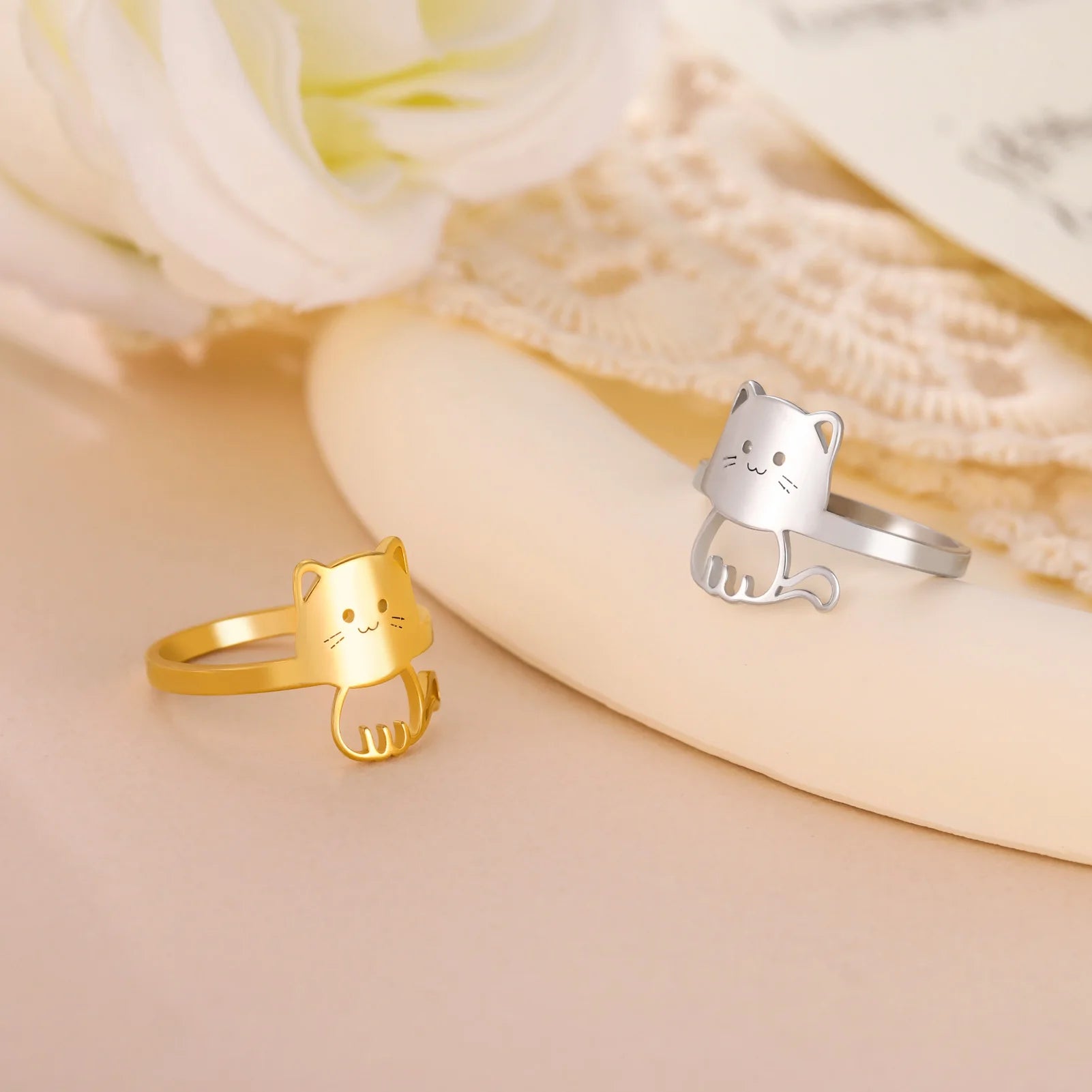 Cute Cat Kitten Ring for Girls Stainless Steel Finger Rings Fashion Animal Jewelry - PeticaDeals