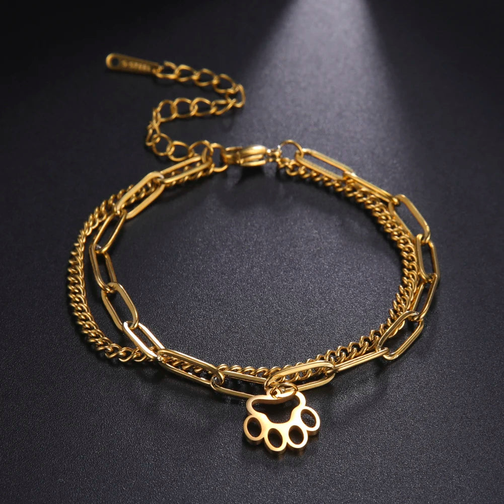Cute Cat Paw Pendant Bracelet Bangles Double Layer Stainless Steel Bracelet Jewelry For Women Girls High Quality - PeticaDeals