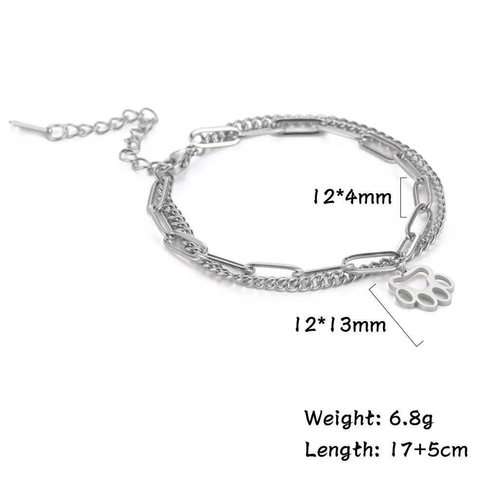 Cute Cat Paw Pendant Bracelet Bangles Double Layer Stainless Steel Bracelet Jewelry For Women Girls High Quality - PeticaDeals