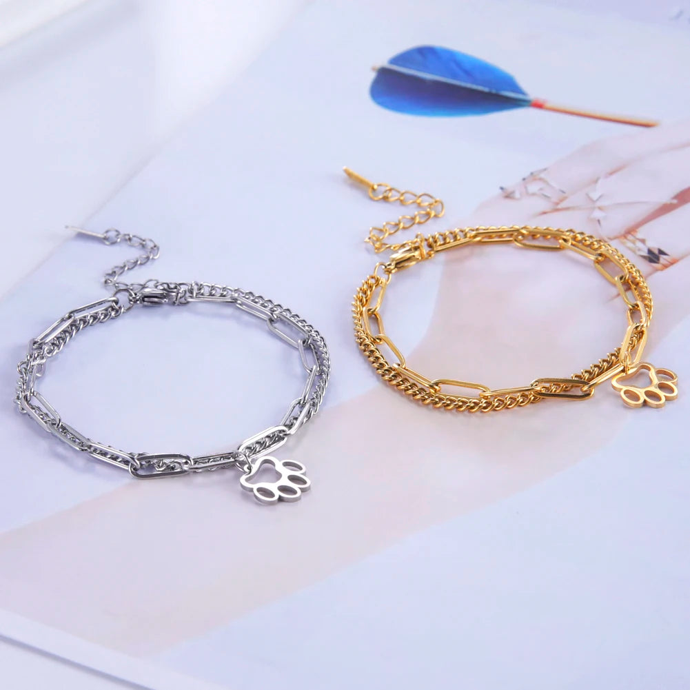 Cute Cat Paw Pendant Bracelet Bangles Double Layer Stainless Steel Bracelet Jewelry For Women Girls High Quality - PeticaDeals