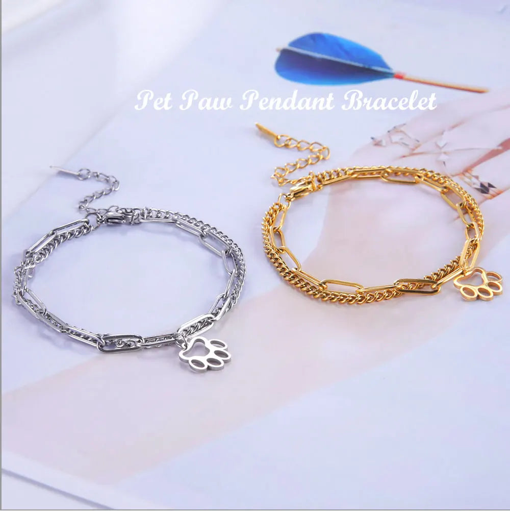 Cute Cat Paw Pendant Bracelet Bangles Double Layer Stainless Steel Bracelet Jewelry For Women Girls High Quality - PeticaDeals