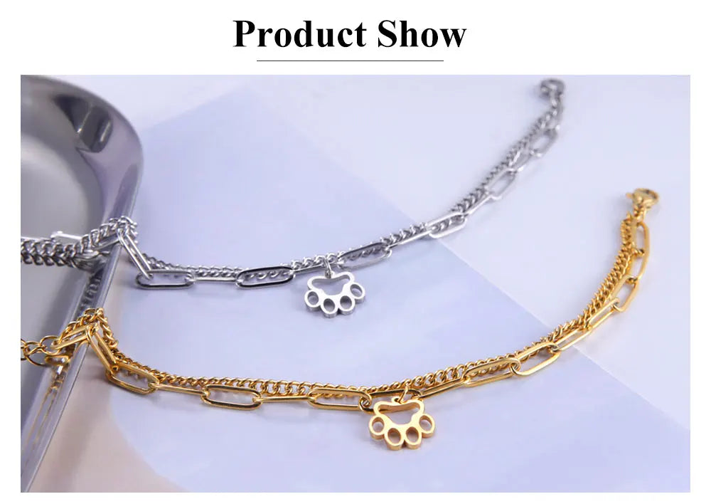 Cute Cat Paw Pendant Bracelet Bangles Double Layer Stainless Steel Bracelet Jewelry For Women Girls High Quality - PeticaDeals