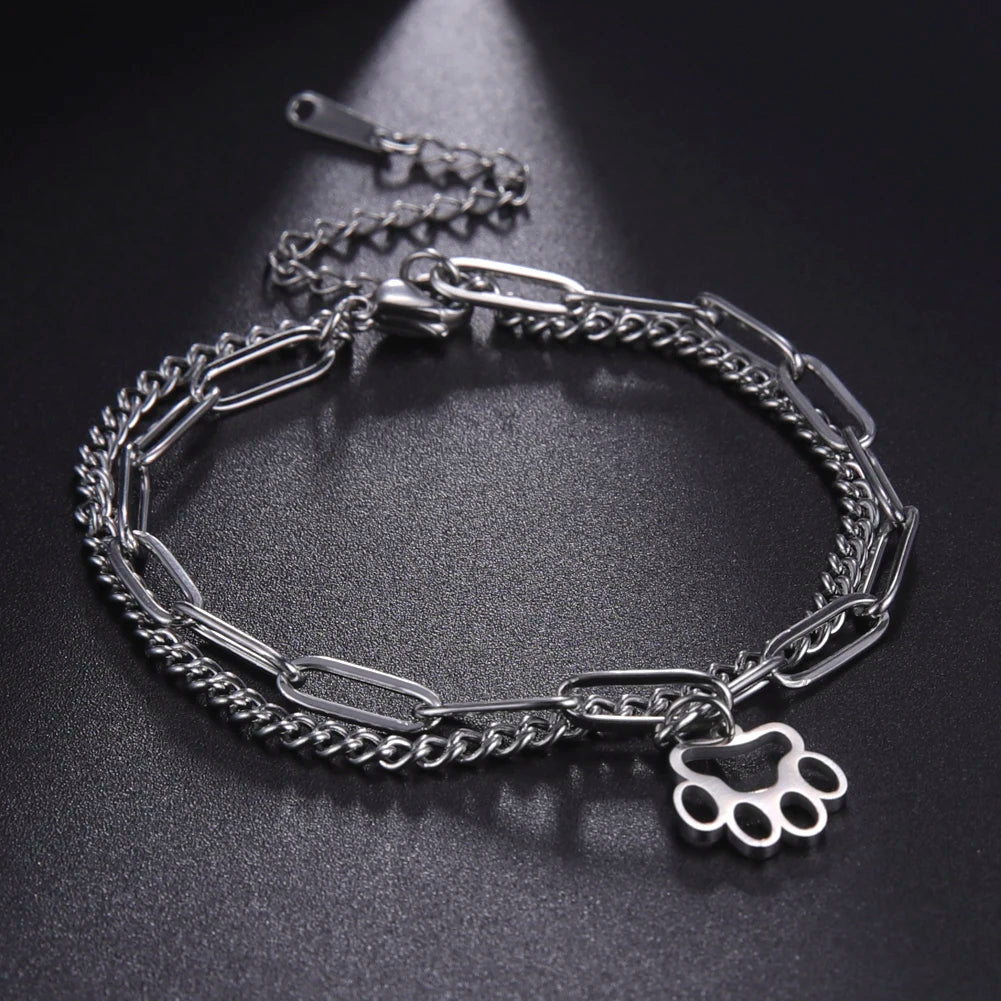 Cute Cat Paw Pendant Bracelet Bangles Double Layer Stainless Steel Bracelet Jewelry For Women Girls High Quality - PeticaDeals