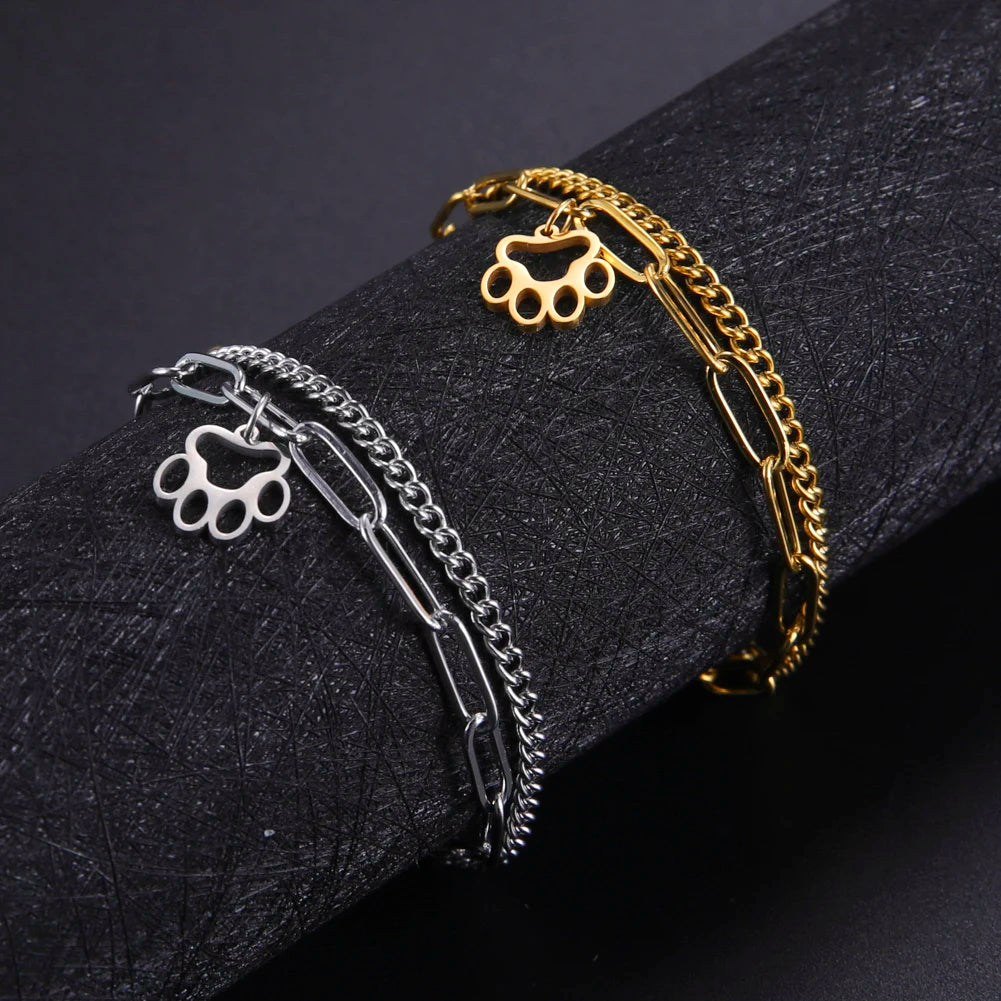 Cute Cat Paw Pendant Bracelet Bangles Double Layer Stainless Steel Bracelet Jewelry For Women Girls High Quality - PeticaDeals