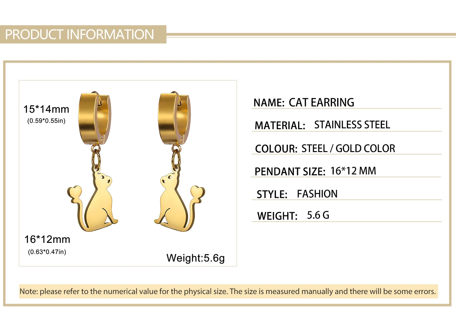 Cute Cat Women's Earrings Stainless Steel Gold - PeticaDeals