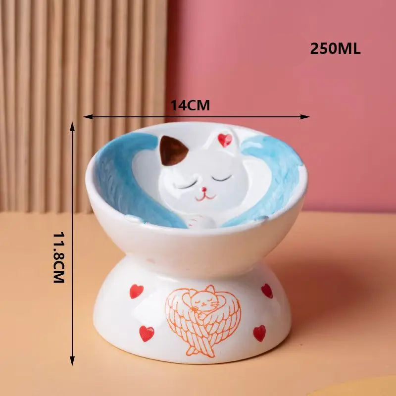 Cute Ceramic Cat Bowl Tall Neck Protection Anti-knock Leak-proof Oblique Mouth Chin Cat Dog Food Basin - PeticaDeals