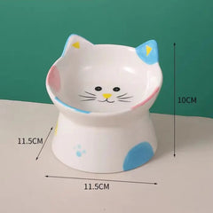 Cute Ceramic Cat Bowl Tall Neck Protection Anti-knock Leak-proof Oblique Mouth Chin Cat Dog Food Basin - PeticaDeals
