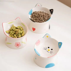 Cute Ceramic Cat Bowl Tall Neck Protection Anti-knock Leak-proof Oblique Mouth Chin Cat Dog Food Basin - PeticaDeals