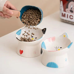 Cute Ceramic Cat Bowl Tall Neck Protection Anti-knock Leak-proof Oblique Mouth Chin Cat Dog Food Basin - PeticaDeals