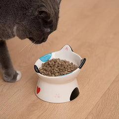 Cute Ceramic Cat Bowl Tall Neck Protection Anti-knock Leak-proof Oblique Mouth Chin Cat Dog Food Basin - PeticaDeals