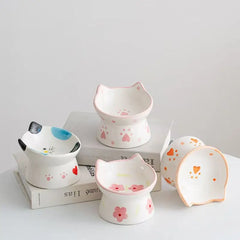 Cute Ceramic Cat Bowl Tall Neck Protection Anti-knock Leak-proof Oblique Mouth Chin Cat Dog Food Basin - PeticaDeals