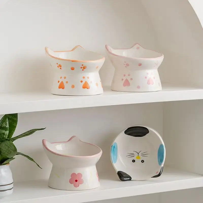 Cute Ceramic Cat Bowl Tall Neck Protection Anti-knock Leak-proof Oblique Mouth Chin Cat Dog Food Basin - PeticaDeals