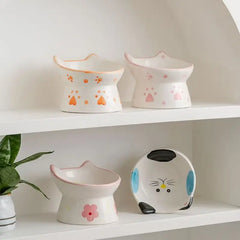 Cute Ceramic Cat Bowl Tall Neck Protection Anti-knock Leak-proof Oblique Mouth Chin Cat Dog Food Basin - PeticaDeals