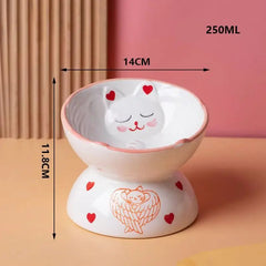 Cute Ceramic Cat Bowl Tall Neck Protection Anti-knock Leak-proof Oblique Mouth Chin Cat Dog Food Basin - PeticaDeals