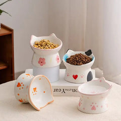 Cute Ceramic Cat Bowl Tall Neck Protection Anti-knock Leak-proof Oblique Mouth Chin Cat Dog Food Basin - PeticaDeals