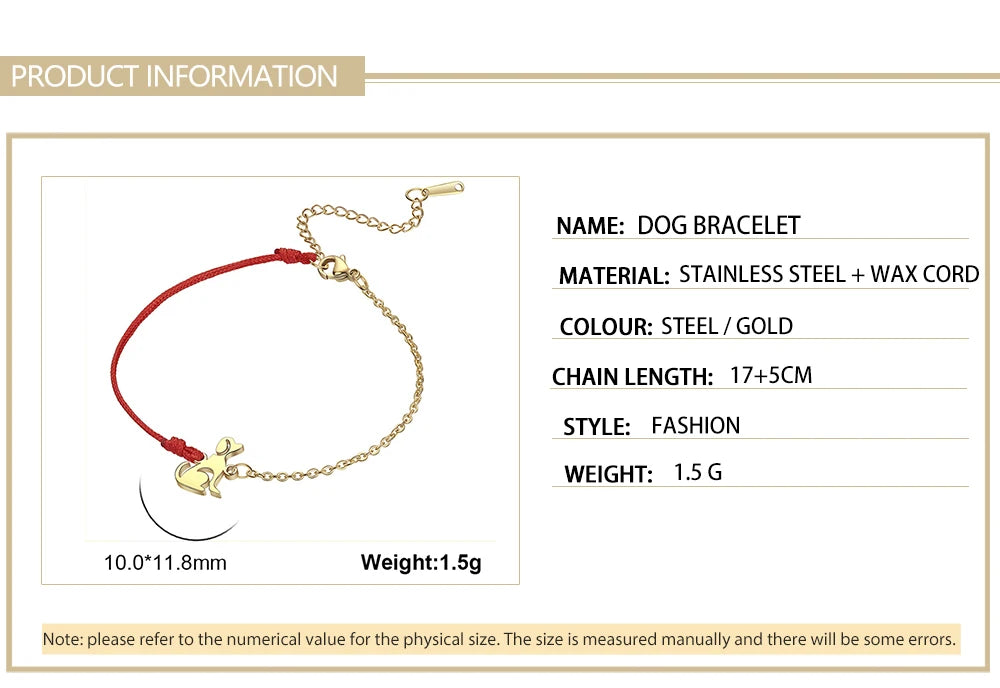 Cute Dog Women's Hand Bracelet Wax Cord Stainless Steel Gold Color - PeticaDeals