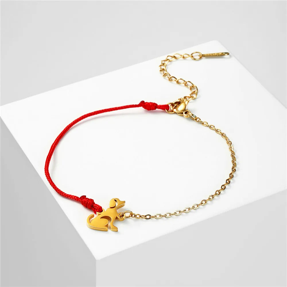 Cute Dog Women's Hand Bracelet Wax Cord Stainless Steel Gold Color - PeticaDeals