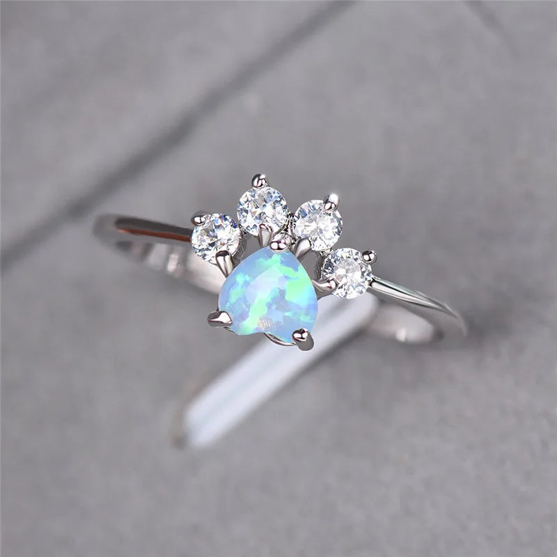 Cute Female Blue White Fire Opal Ring Crystal Zircon Heart - PeticaDeals