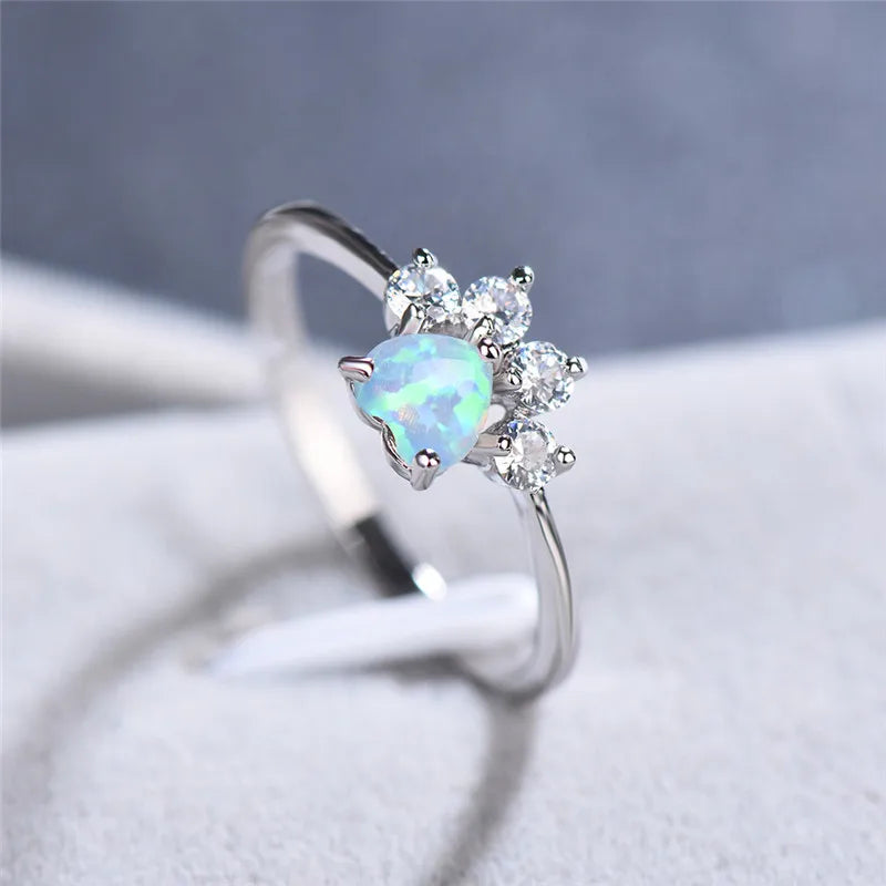 Cute Female Blue White Fire Opal Ring Crystal Zircon Heart - PeticaDeals