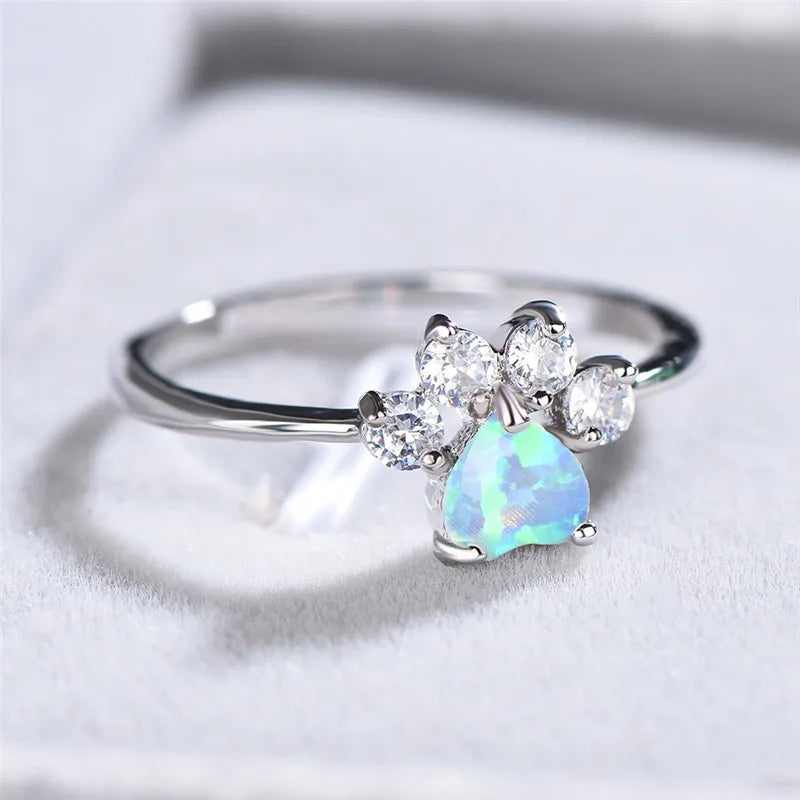 Cute Female Blue White Fire Opal Ring Crystal Zircon Heart - PeticaDeals