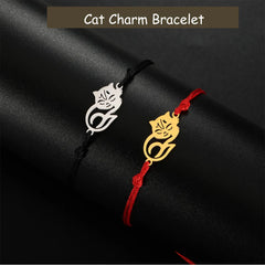 Cute Lying Cat Charm Bracelet for Women Stainless Steel Animal Kitten Wax Rope Hand Bracelet Jewelry - PeticaDeals