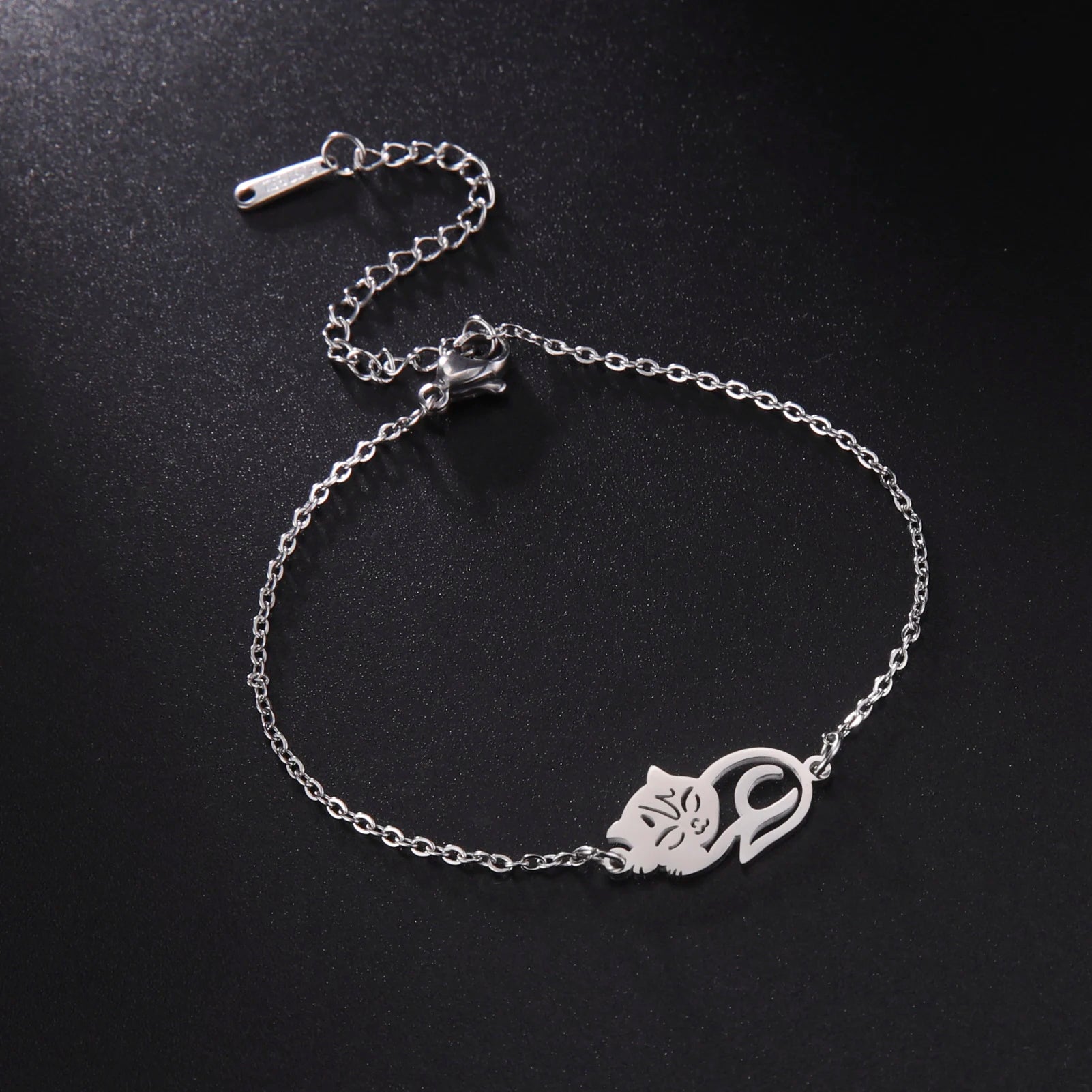 Cute Lying Cat Charm Bracelet for Women Stainless Steel Animal Kitten Wax Rope Hand Bracelet Jewelry - PeticaDeals