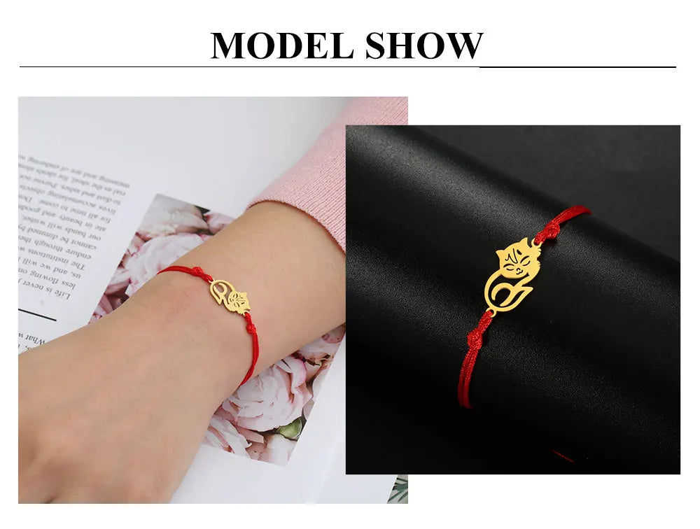 Cute Lying Cat Charm Bracelet for Women Stainless Steel Animal Kitten Wax Rope Hand Bracelet Jewelry - PeticaDeals