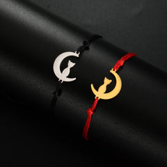 Cute Lying Cat Charm Bracelet for Women Stainless Steel Animal Kitten Wax Rope Hand Bracelet Jewelry - PeticaDeals