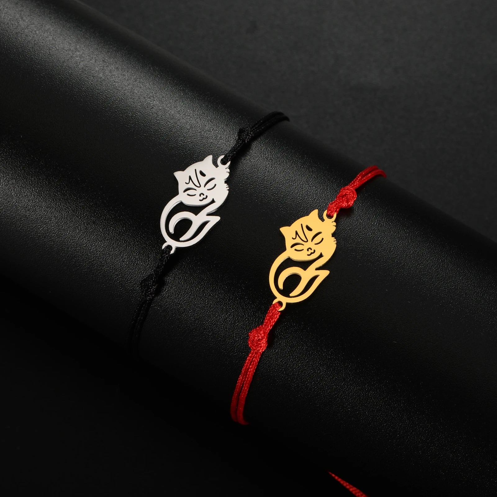 Cute Lying Cat Charm Bracelet for Women Stainless Steel Animal Kitten Wax Rope Hand Bracelet Jewelry - PeticaDeals