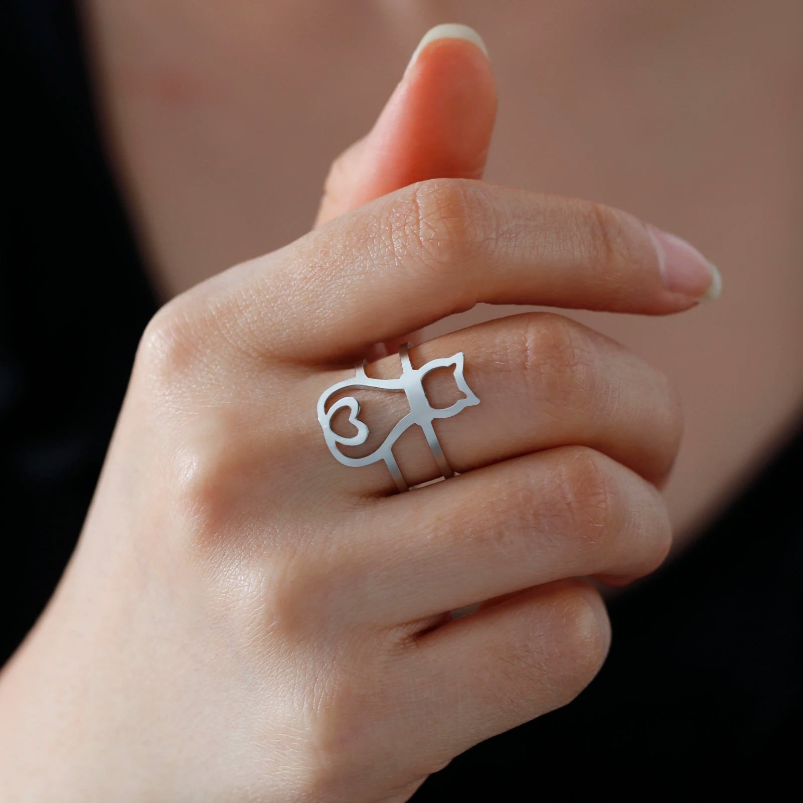 Cute Moon Cat Kitten Adjustable Rings for Women Stainless Steel Animal Pet Open Ring Jewelry - PeticaDeals