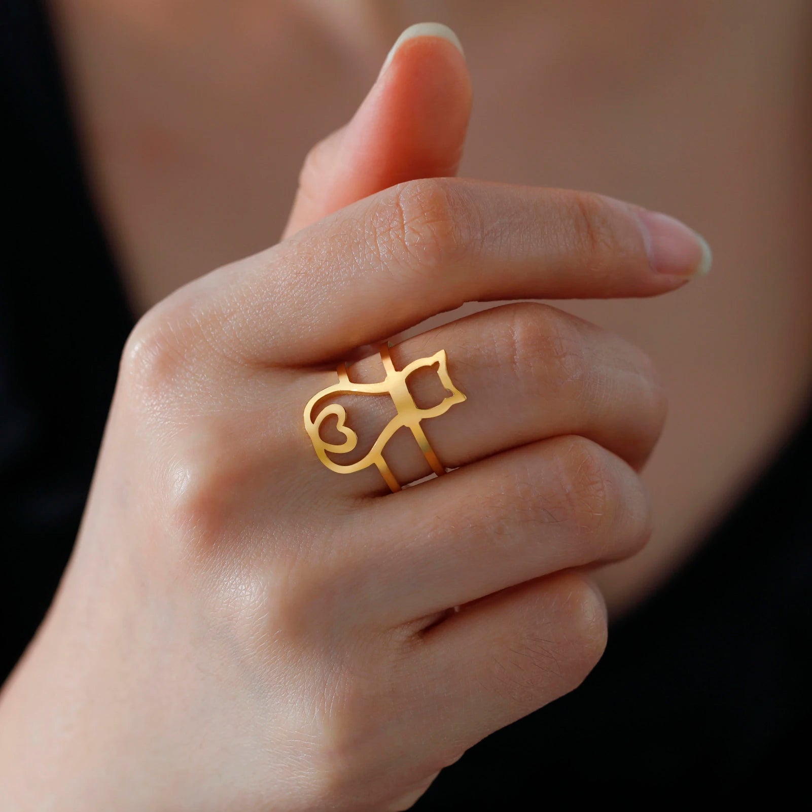 Cute Moon Cat Kitten Adjustable Rings for Women Stainless Steel Animal Pet Open Ring Jewelry - PeticaDeals