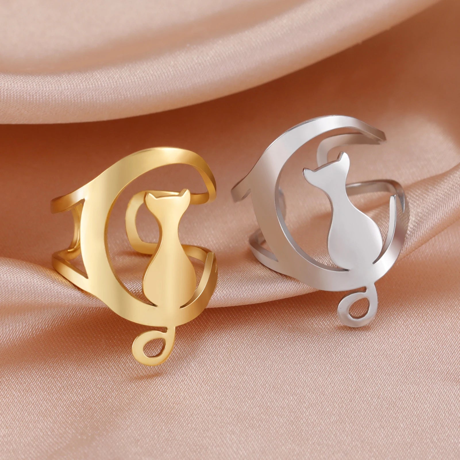 Cute Moon Cat Kitten Adjustable Rings for Women Stainless Steel Animal Pet Open Ring Jewelry - PeticaDeals