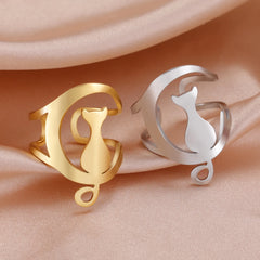 Cute Moon Cat Kitten Adjustable Rings for Women Stainless Steel Animal Pet Open Ring Jewelry - PeticaDeals