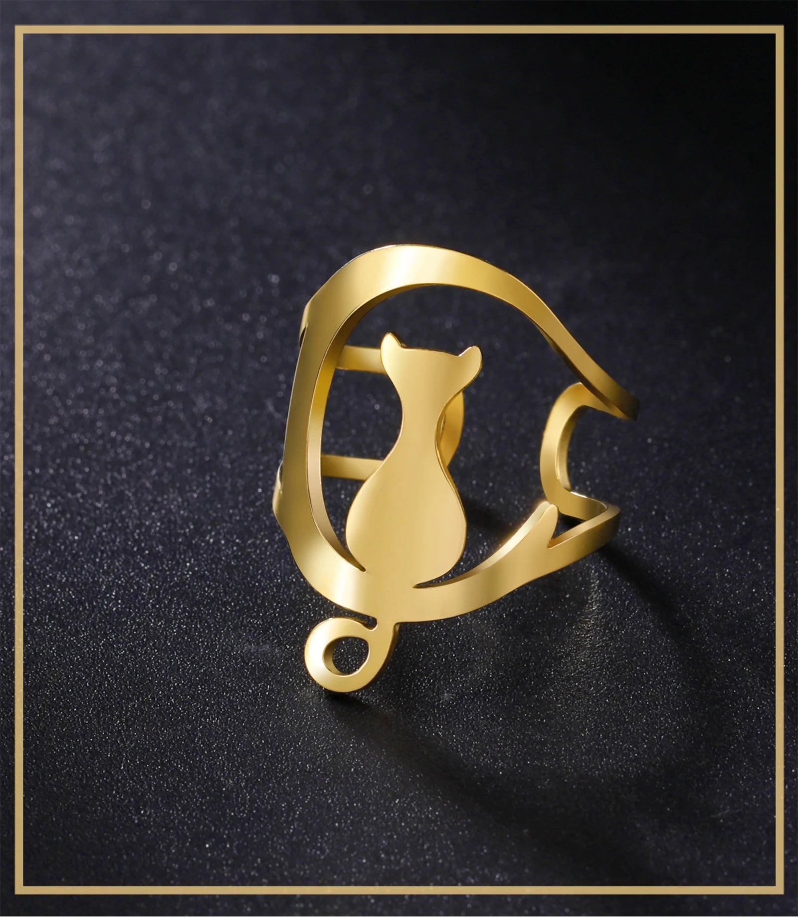 Cute Moon Cat Kitten Adjustable Rings for Women Stainless Steel Animal Pet Open Ring Jewelry - PeticaDeals