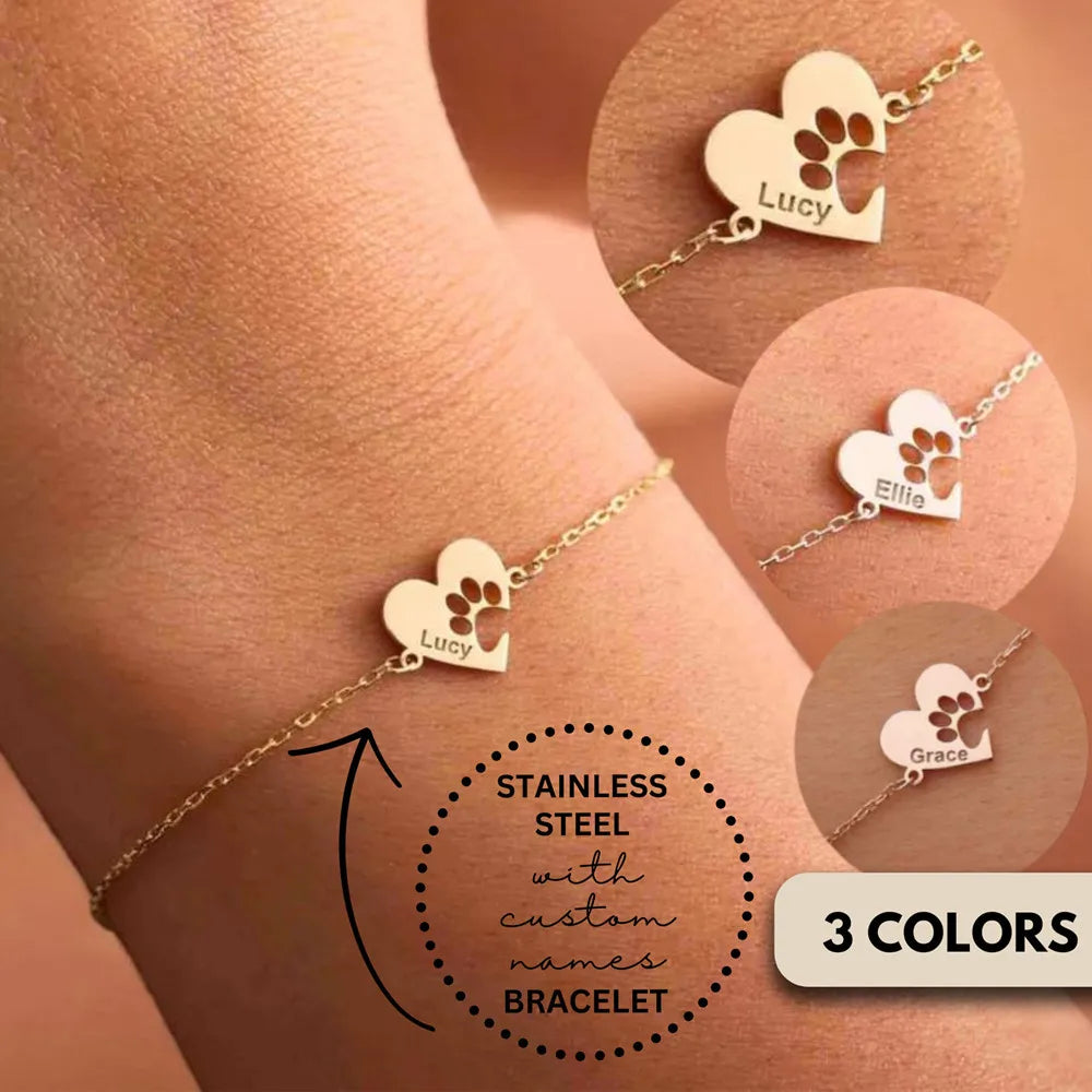 Cute Paw Print Heart Bracelet Personalized Pet Memorial - PeticaDeals