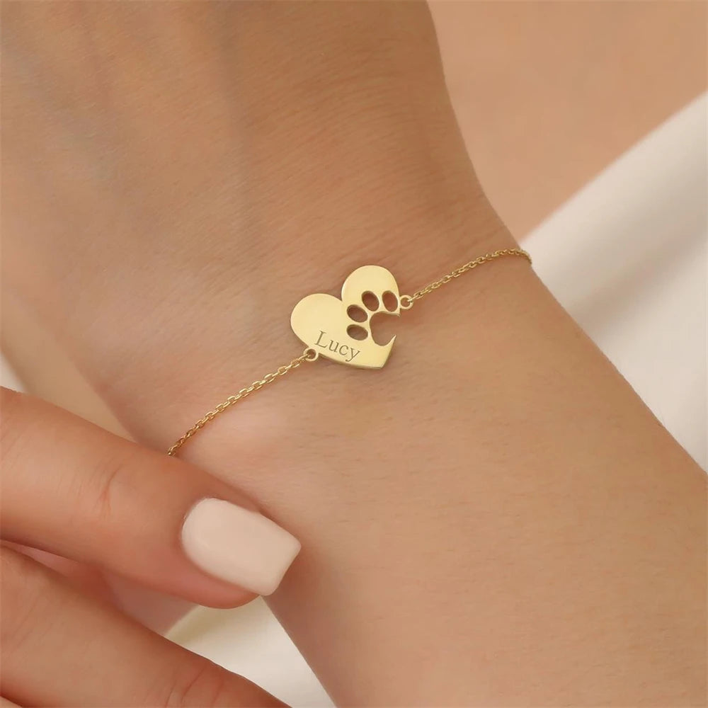Cute Paw Print Heart Bracelet Personalized Pet Memorial - PeticaDeals