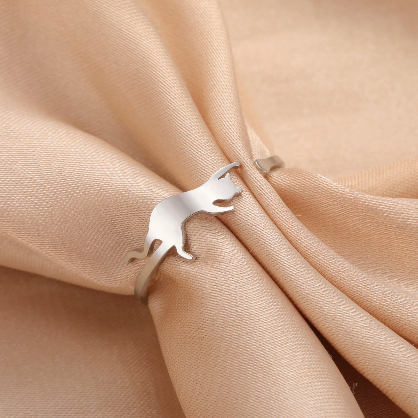 Cute Playing Cat Rings Adjustable Stainless Steel Minimalist Ring Women Fashion Kitten Animal Jewelry - PeticaDeals
