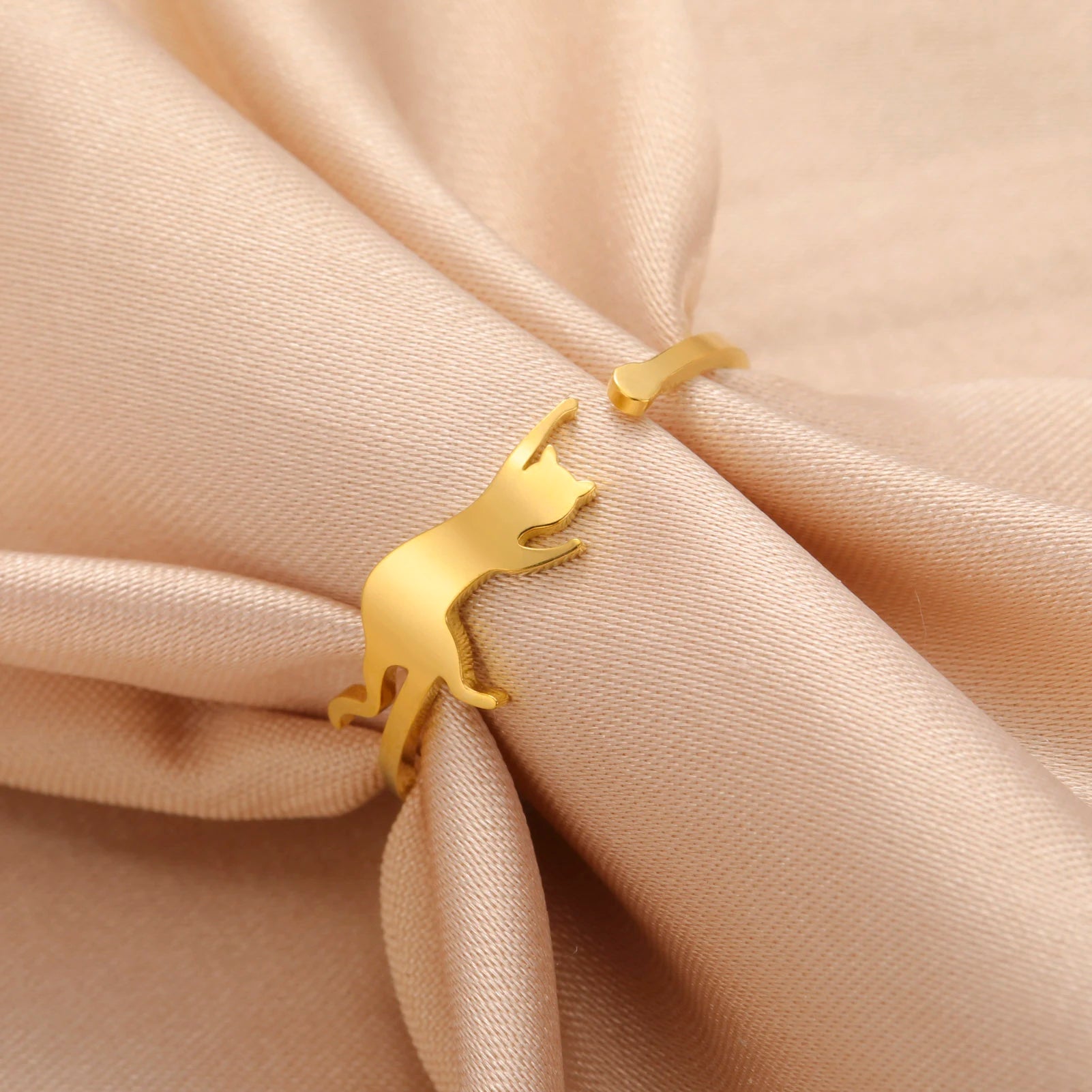 Cute Playing Cat Rings Adjustable Stainless Steel Minimalist Ring Women Fashion Kitten Animal Jewelry - PeticaDeals