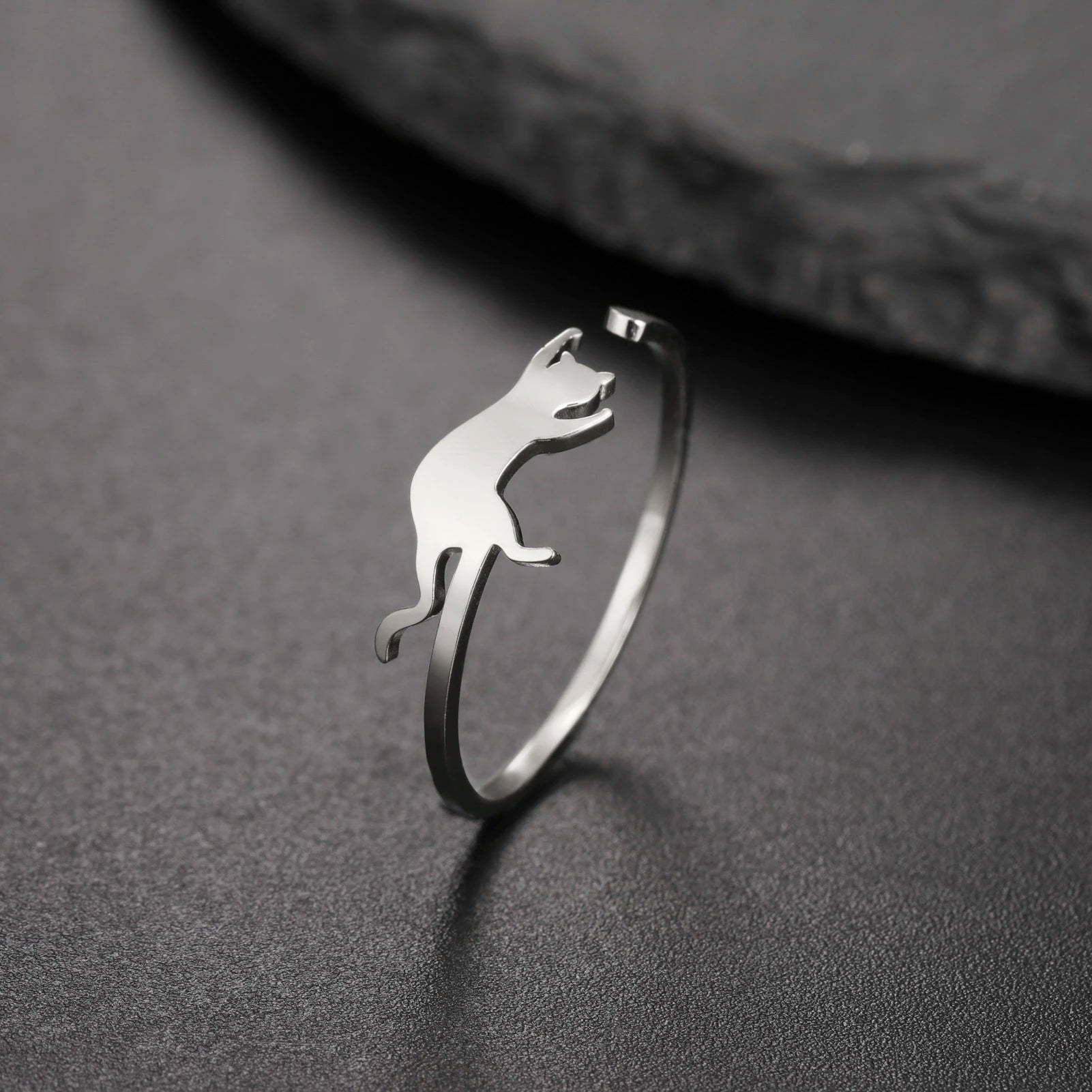 Cute Playing Cat Rings Adjustable Stainless Steel Minimalist Ring Women Fashion Kitten Animal Jewelry - PeticaDeals