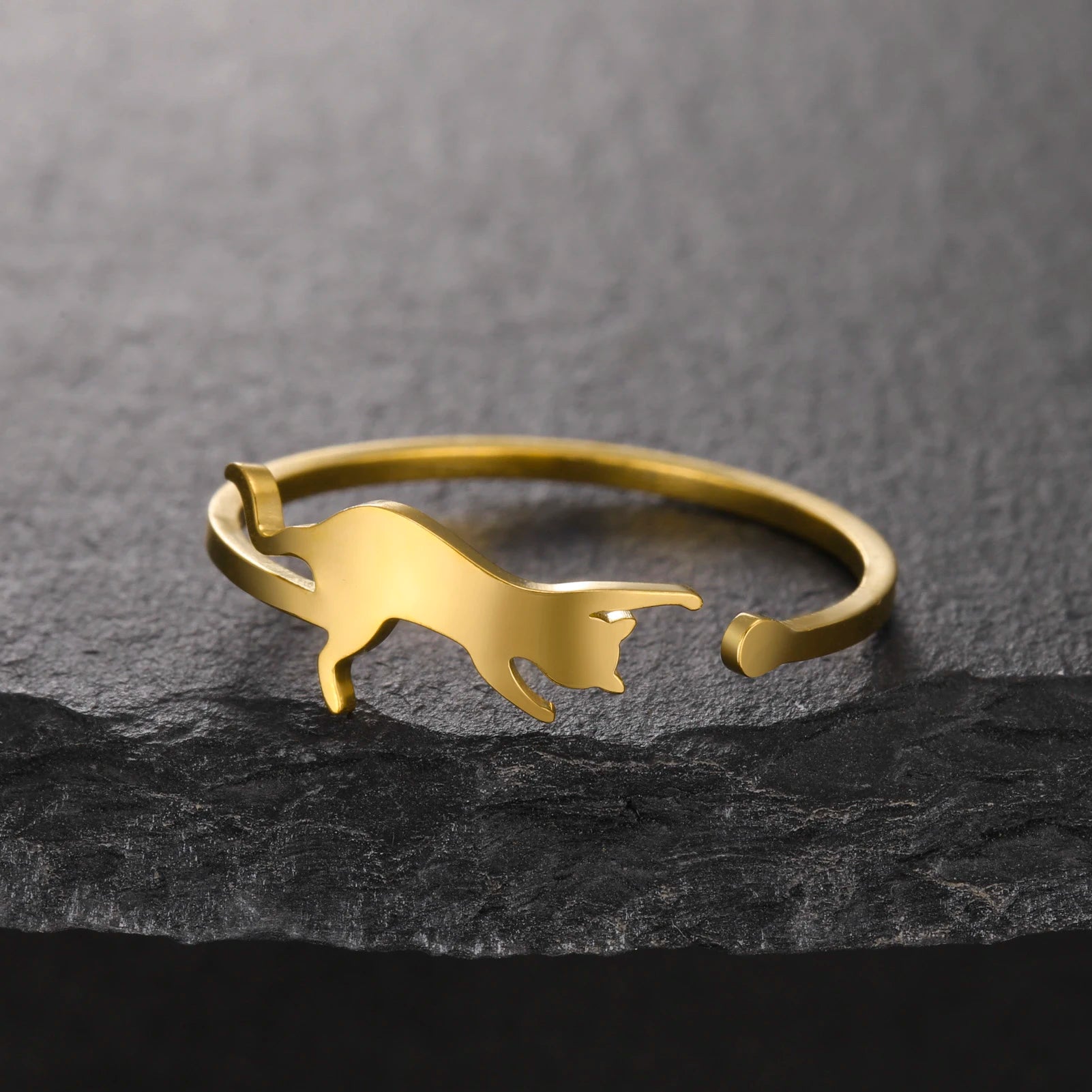 Cute Playing Cat Rings Adjustable Stainless Steel Minimalist Ring Women Fashion Kitten Animal Jewelry - PeticaDeals
