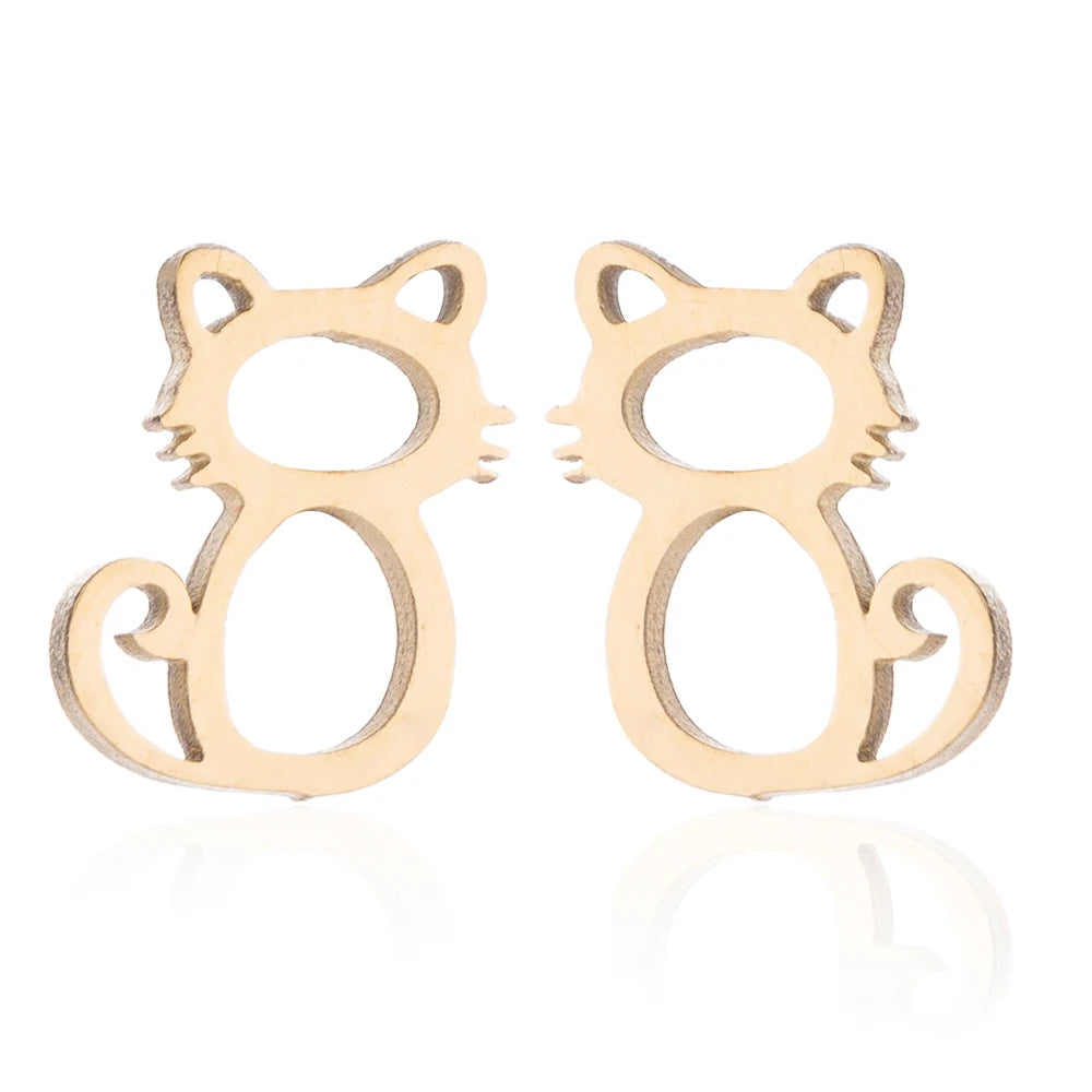 Cute Simple Hollow Out Little Cat Stainless Steel Earring Pendant Necklace Set Hypoallergenic - PeticaDeals