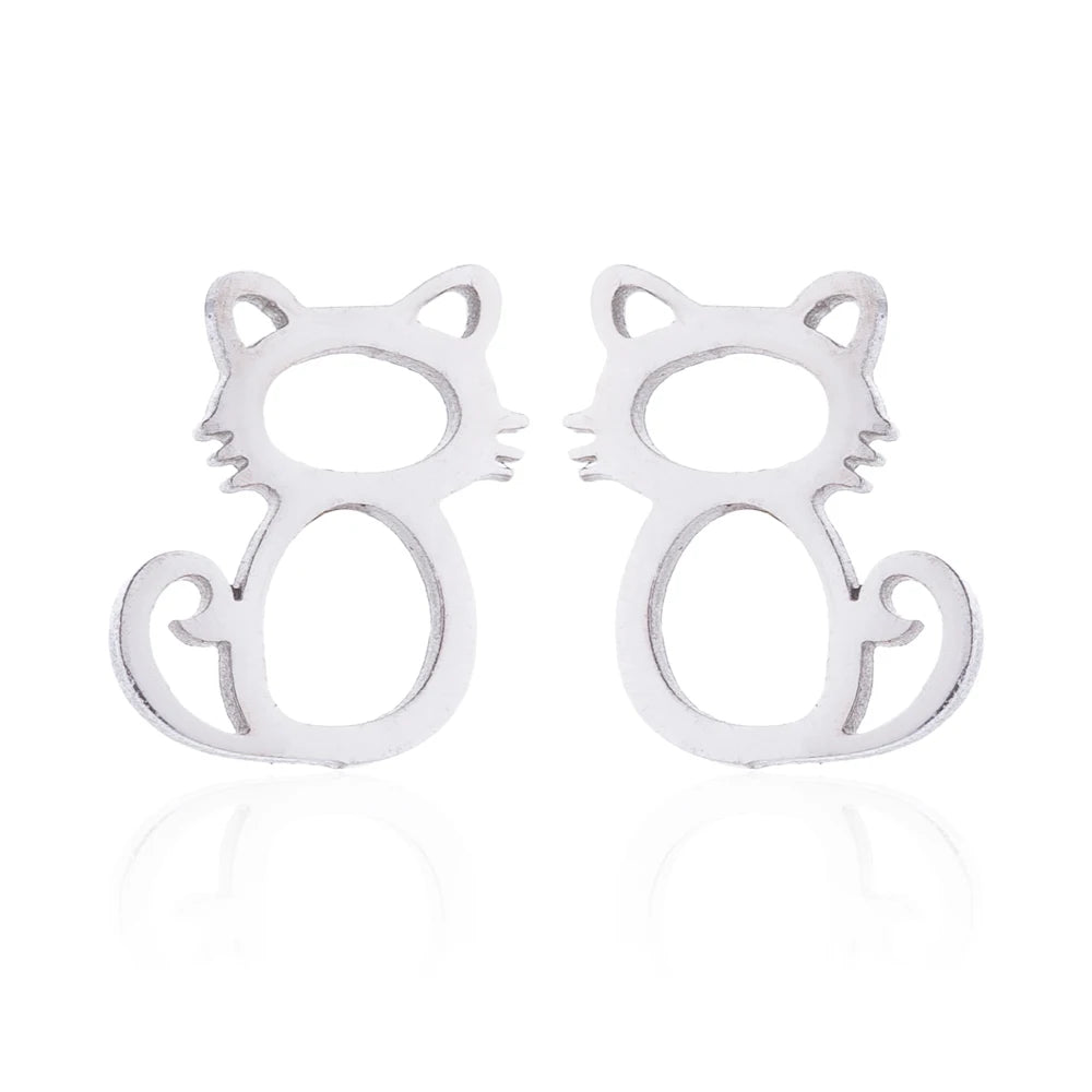 Cute Simple Hollow Out Little Cat Stainless Steel Earring Pendant Necklace Set Hypoallergenic - PeticaDeals