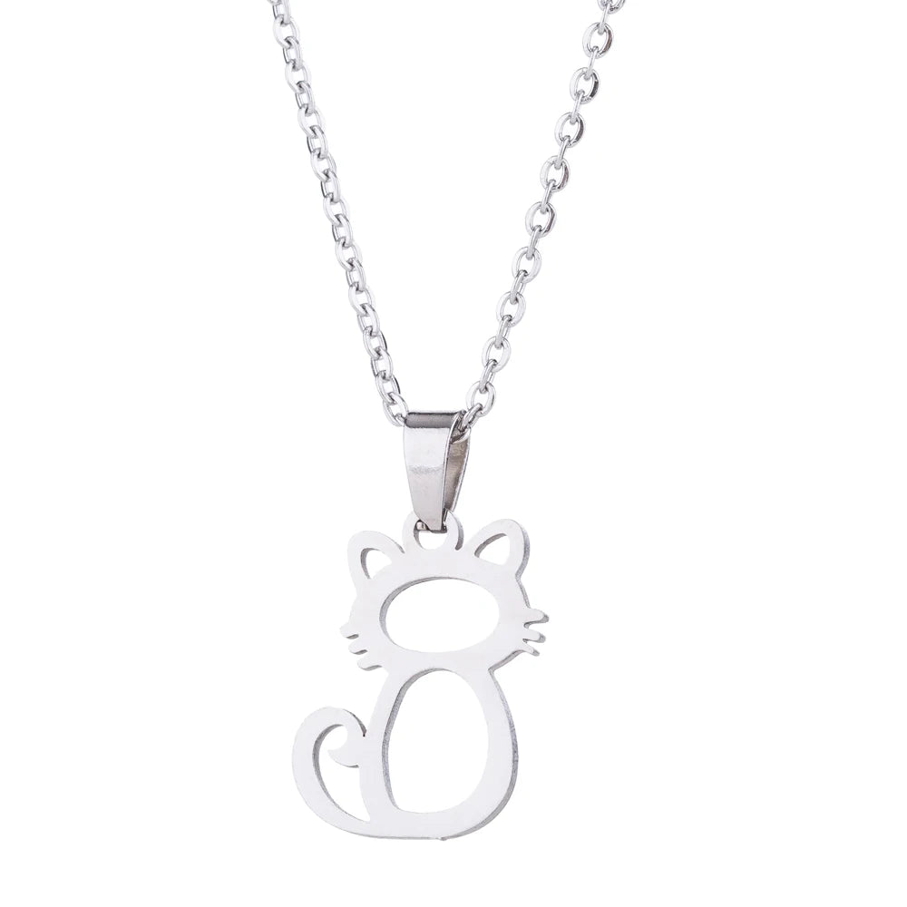 Cute Simple Hollow Out Little Cat Stainless Steel Earring Pendant Necklace Set Hypoallergenic - PeticaDeals