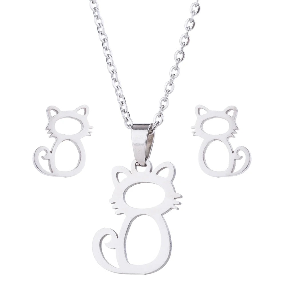 Cute Simple Hollow Out Little Cat Stainless Steel Earring Pendant Necklace Set Hypoallergenic - PeticaDeals