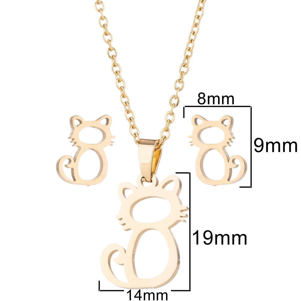 Cute Simple Hollow Out Little Cat Stainless Steel Earring Pendant Necklace Set Hypoallergenic - PeticaDeals